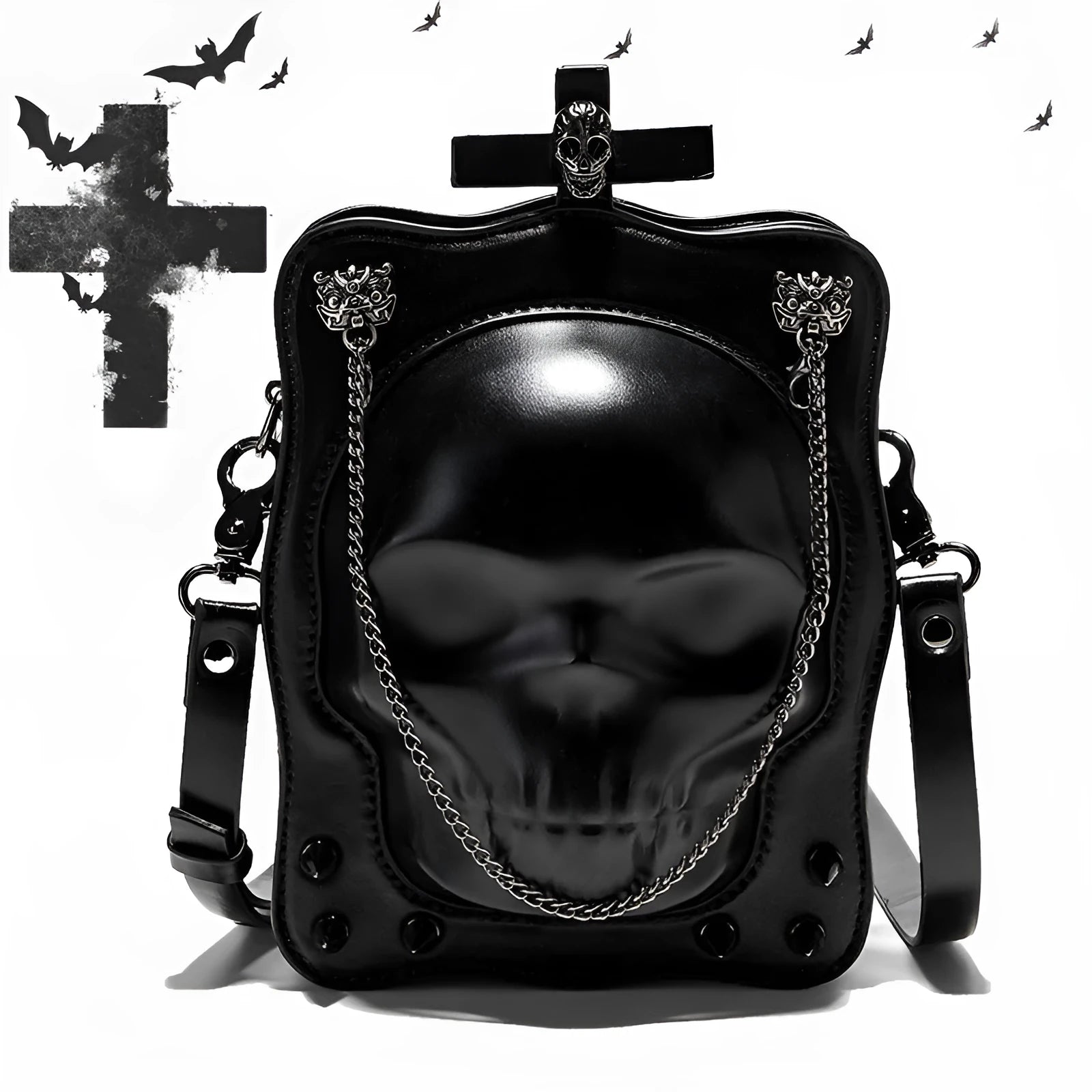 Black Halloween skull shoulder bag with embossed design, chain strap, and vertical square messenger shape