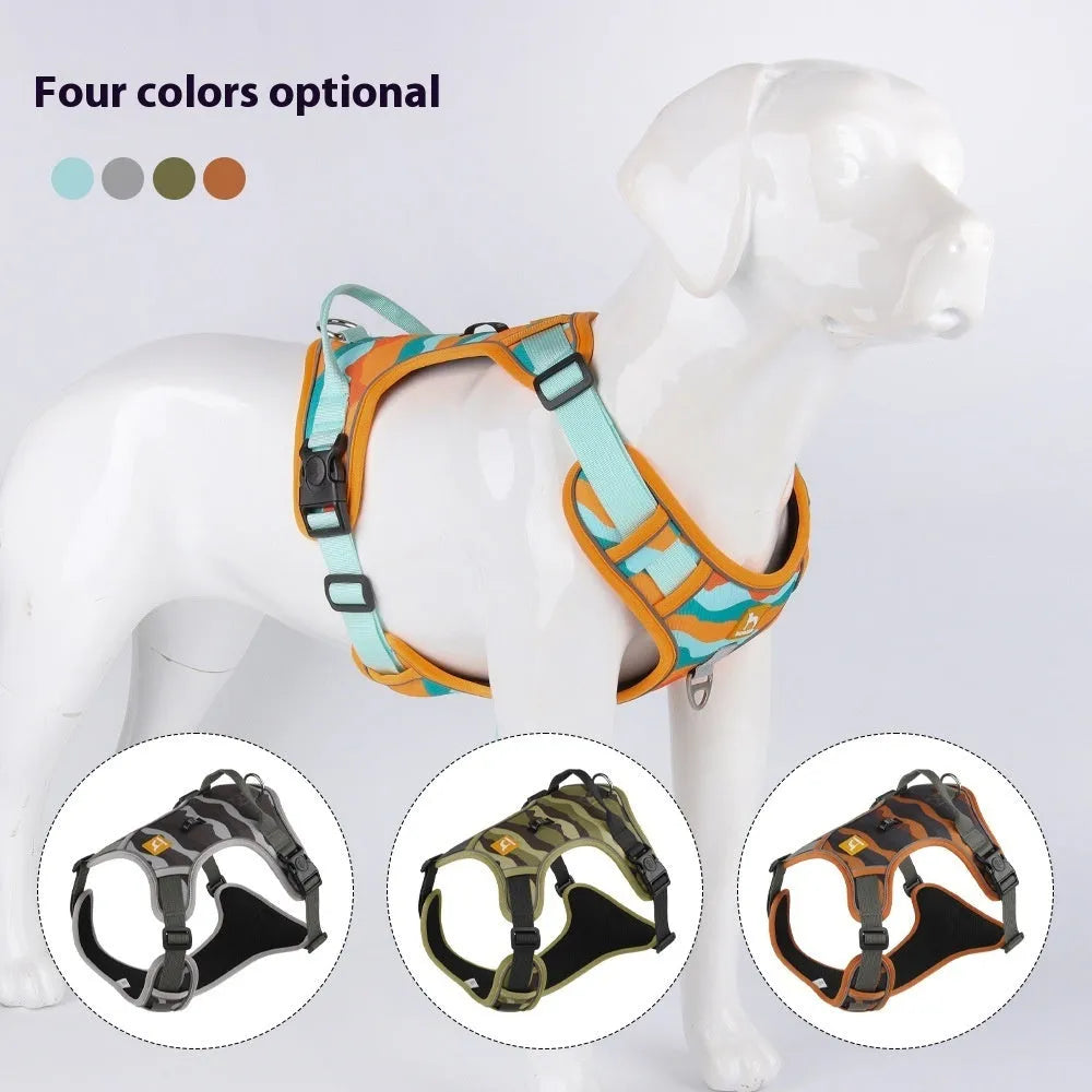 Reflective dog harness with hand holding rope in orange, army green, gray, or chocolate colours