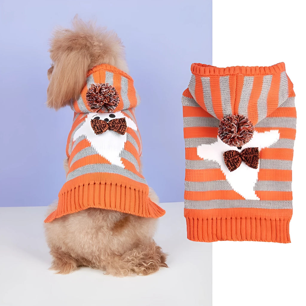 Orange striped Halloween pet sweater with knitted acrylic construction and hooded fur ball detailing