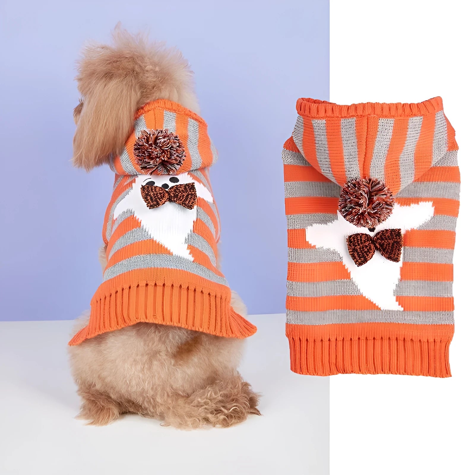 Orange striped Halloween pet sweater with knitted acrylic construction and hooded fur ball detailing