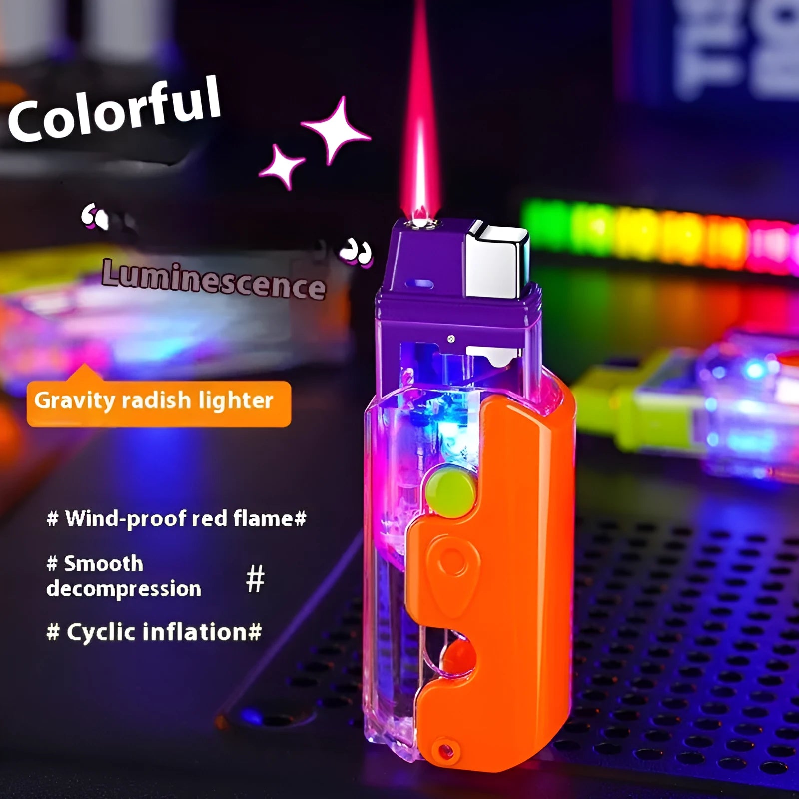 Colourful orange, purple, or green plastic radish-shaped wind-resistant lighter.