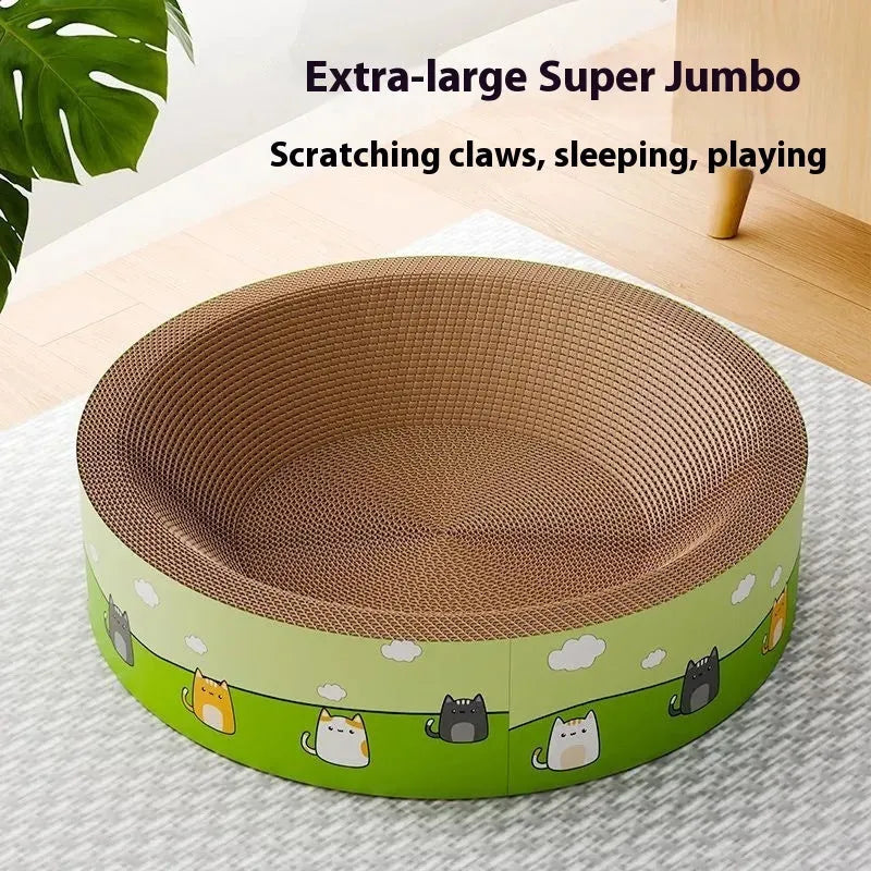 Round deep bowl cat scratch board made from corrugated paper, showing replaceable refill pads.