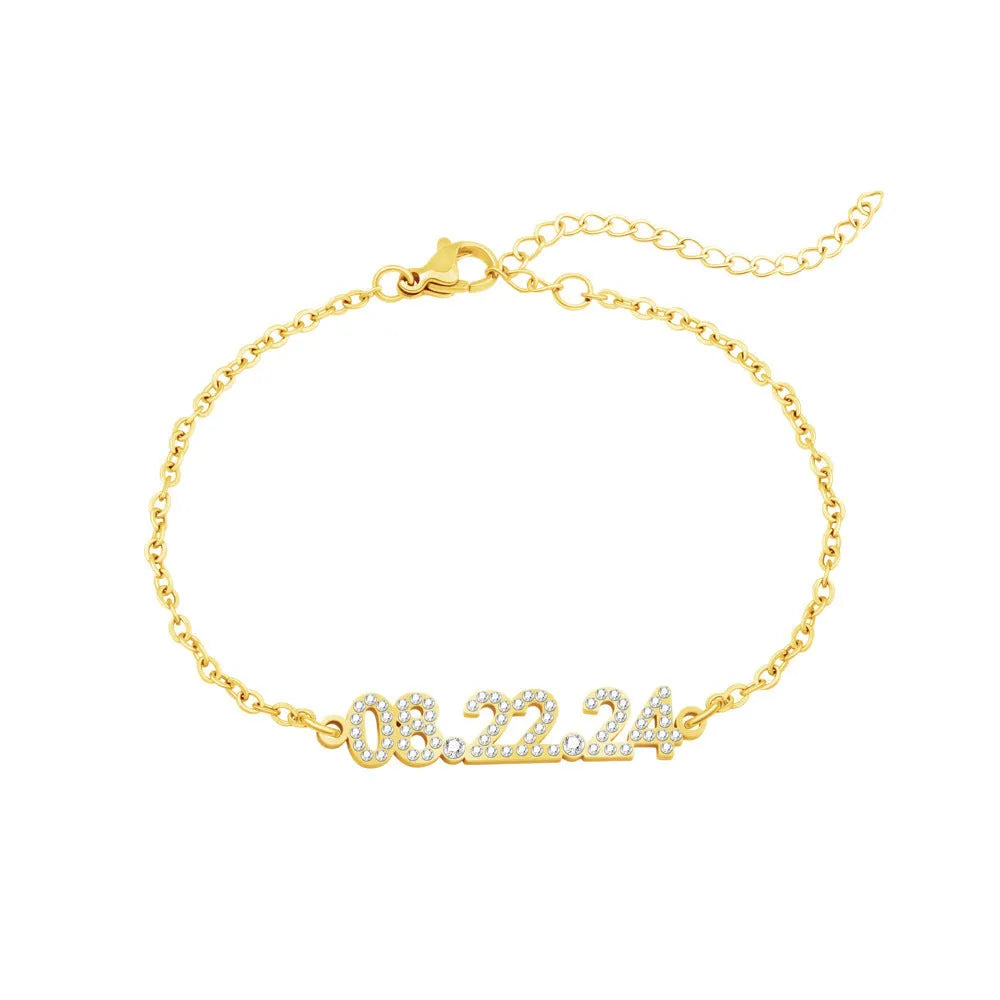 Stainless steel digital bracelet or necklace with diamond studs and clear number display.