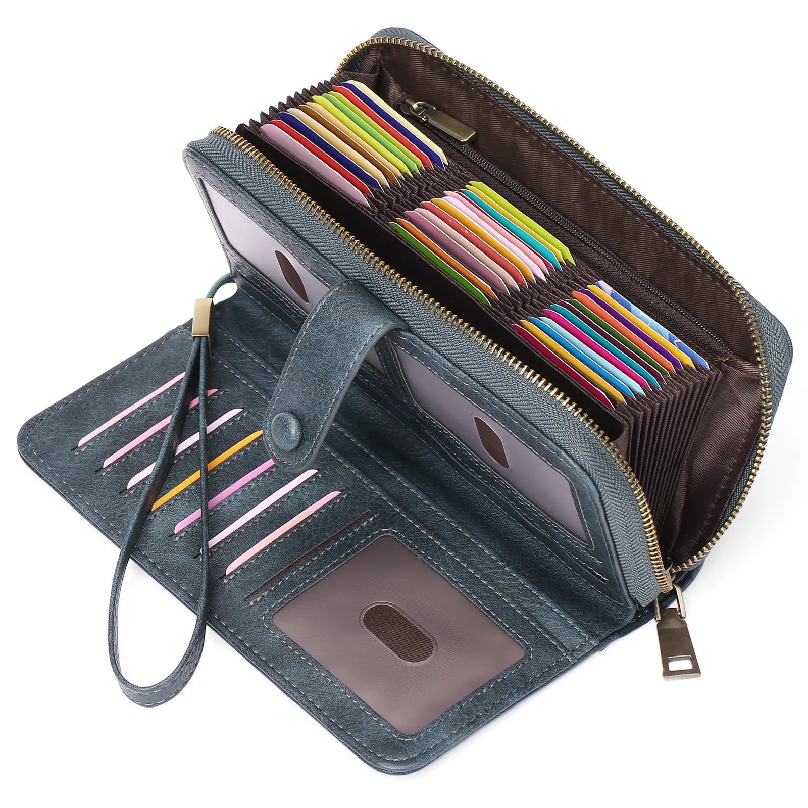 Expanding card holder women long wallet passport bag in light brown PU leather with anti-theft feature