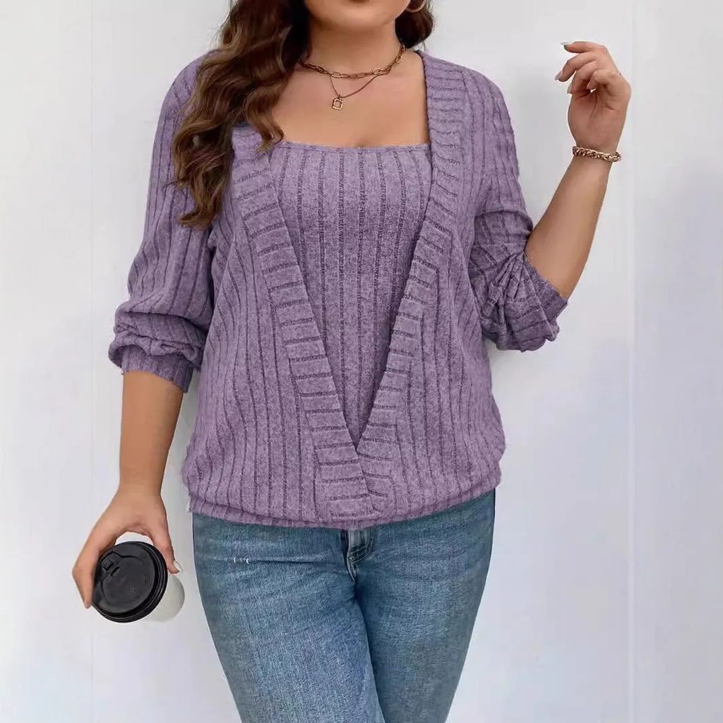 Women's solid color rib fabric V-neck long sleeve false two-piece top in black gray or purple loose fit