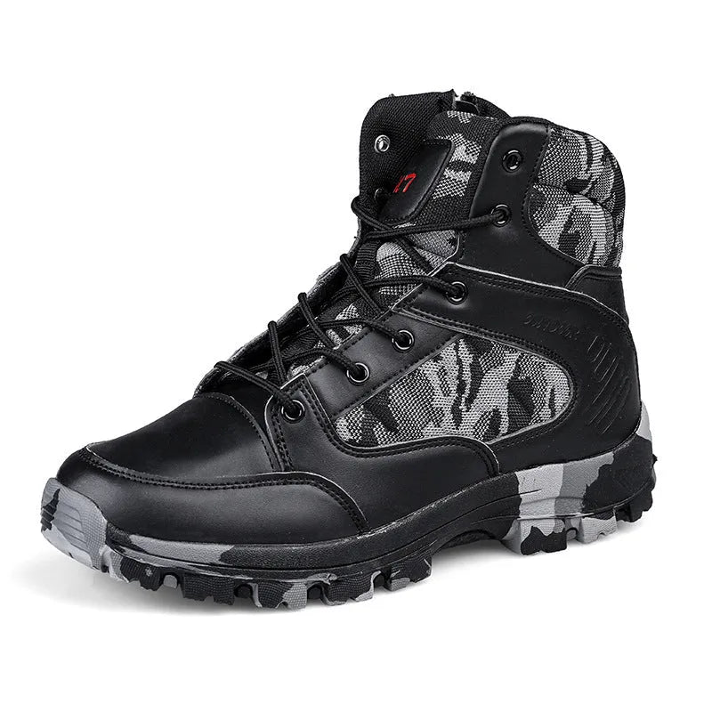 Men's high-top hiking shoes in green camouflage colour with artificial PU upper and metal accents.