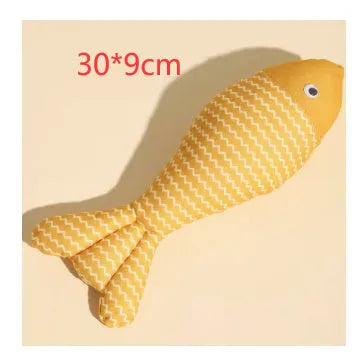 Blue, red, and yellow fish-shaped cat toys in large and medium sizes on a white background.