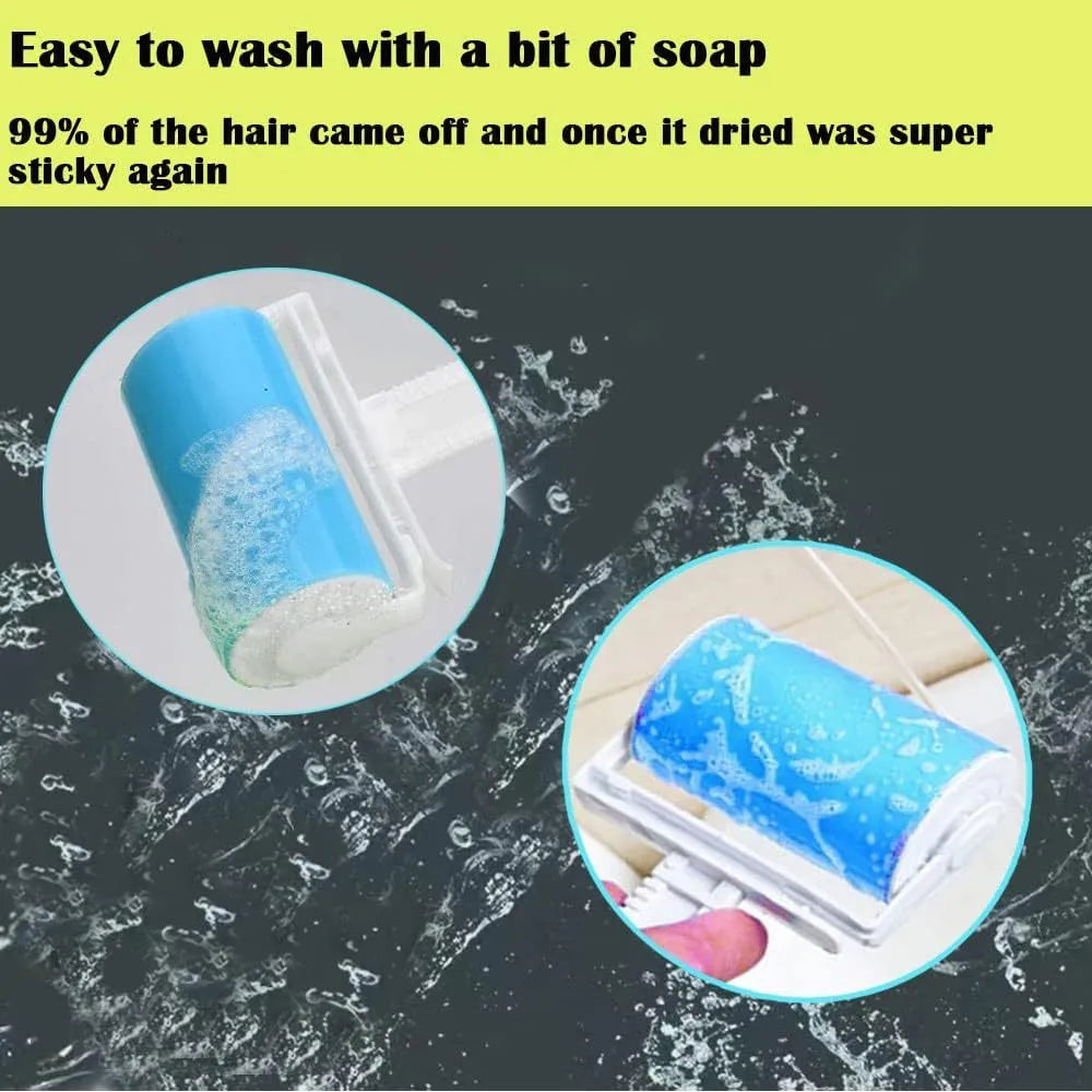 Washable reusable lint roller with cover for pet hair removal on blue background