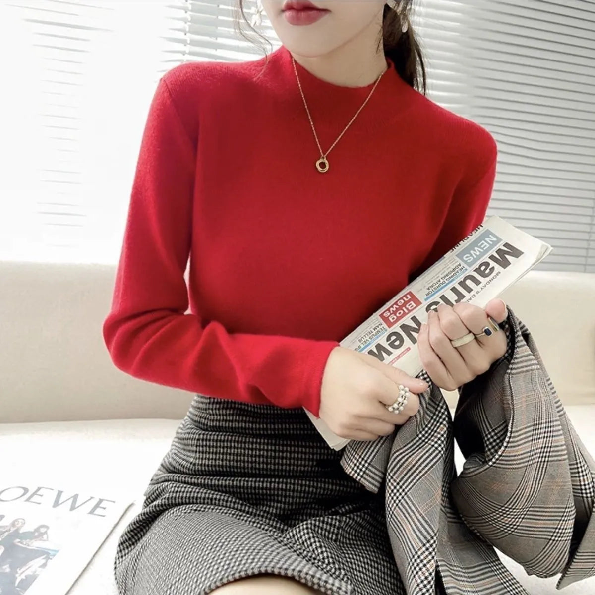 Viscose fibre slim fit Western-style long sleeve top in apricot colour showing regular sleeves and pullover design