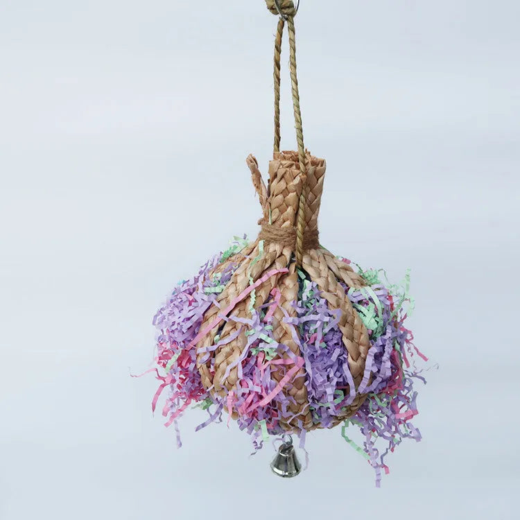 Straw paper parrot chew toy with rope, approximately 15cm diameter and 23cm length, bite resistant