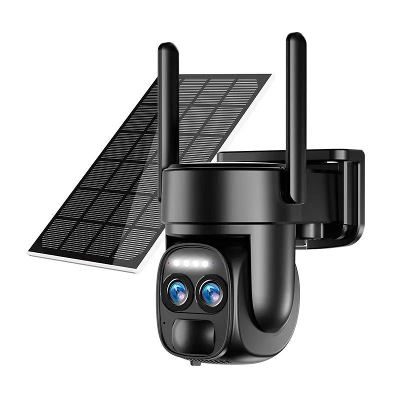 Solar-powered surveillance camera with 8x zoom lens for outdoor home security monitoring