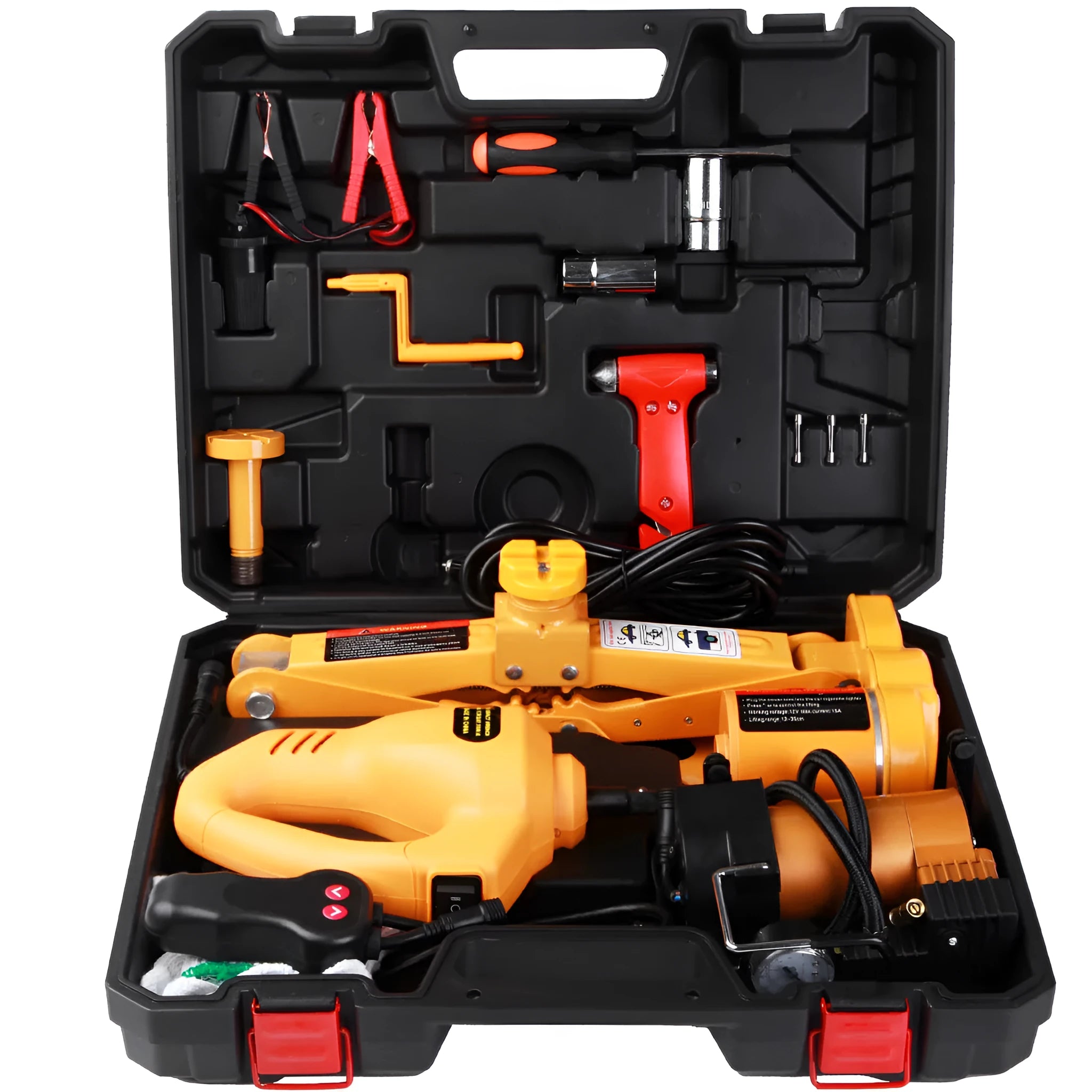 Yellow steel electric car jack set with hydraulic mechanism and electric wrench for vehicle lifting