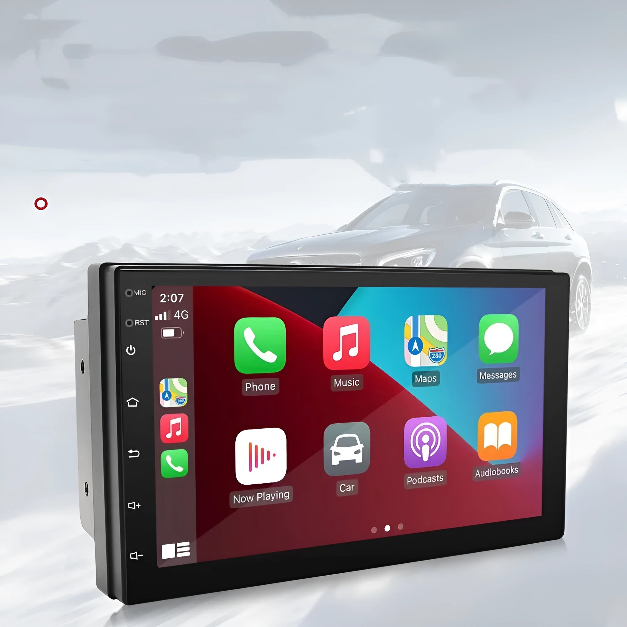 Universal car MP5 player with 7-inch screen showing Carplay interface and GPS navigation