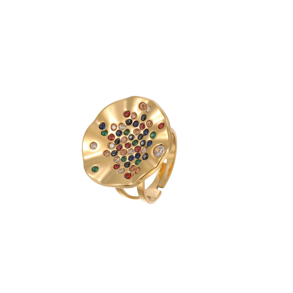 Pleated geometry open mouth ring with inlaid colourful crystals on electroplated stainless steel band.
