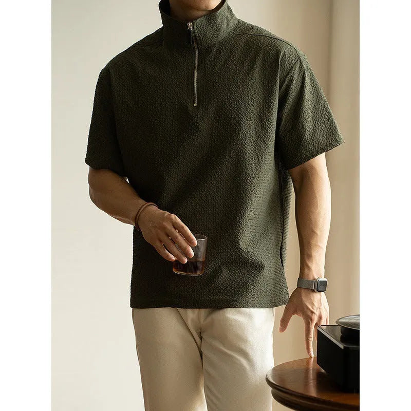 Men's cedar green short sleeve polyester T-shirt with loose fit for summer casual wear