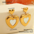 Stainless steel heart-shaped earrings with white fritillary design and 18K gold electroplating finish