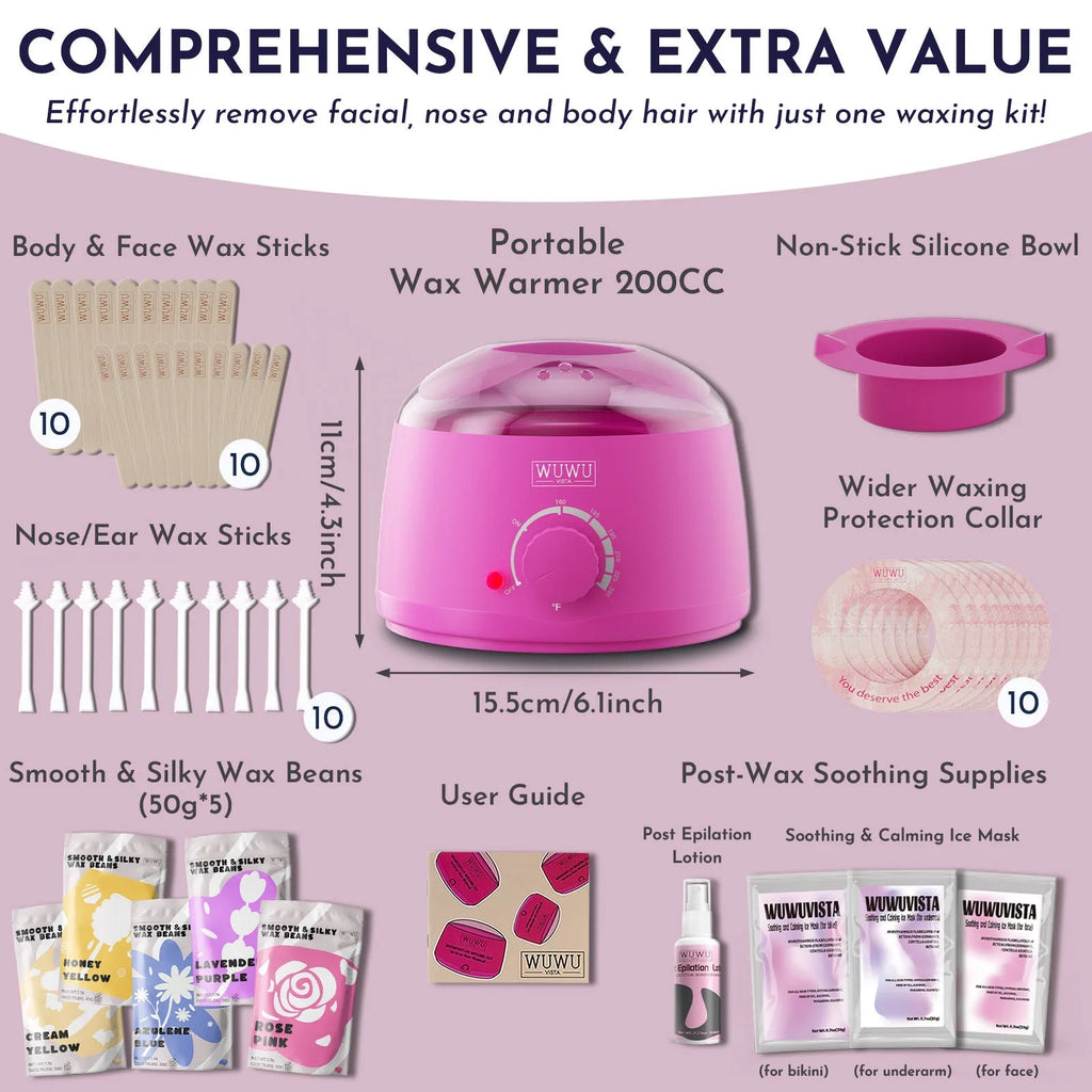 Professional waxing kit with black or pink wax warmer, hard wax beans, applicator sticks, post-treatment lotion and cooling masks.