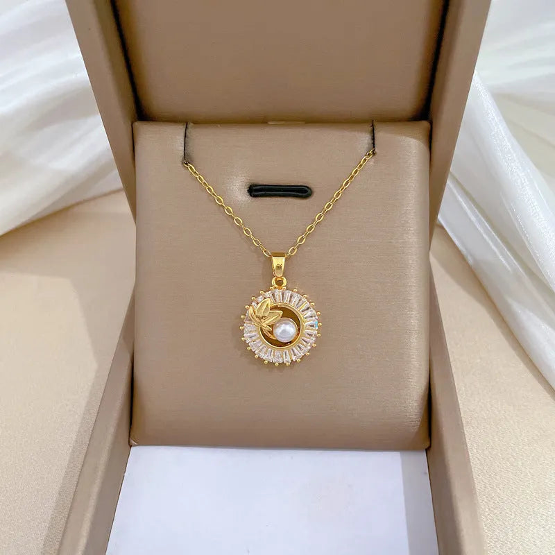 Women's geometric jewellery set with titanium steel necklace, copper pendant, and matching stud earrings.