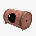DIY wine barrel-shaped cat bed made from grey polyester fibre felt, showing three flat pieces and two straps for assembly.