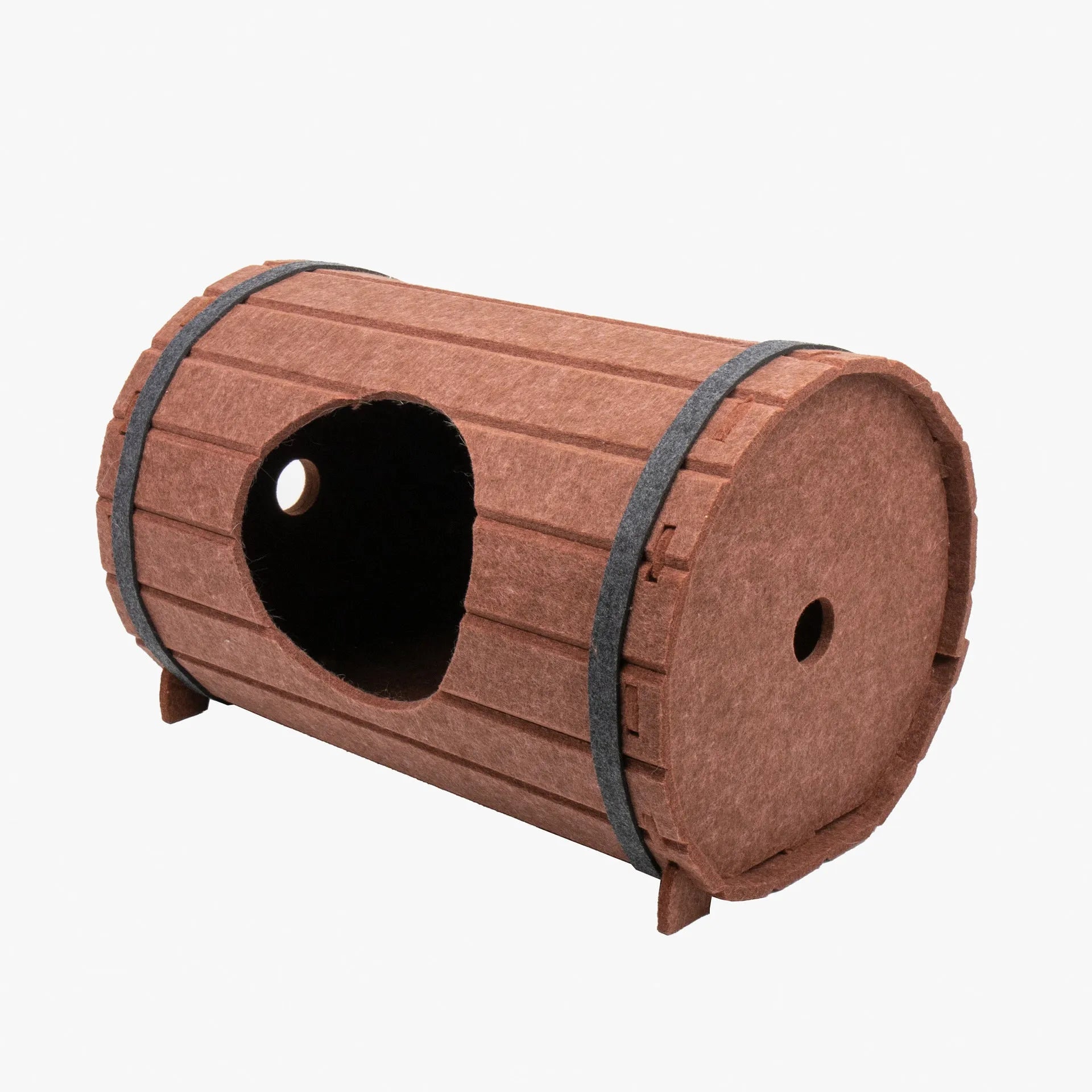DIY wine barrel-shaped cat bed made from grey polyester fibre felt, showing three flat pieces and two straps for assembly.