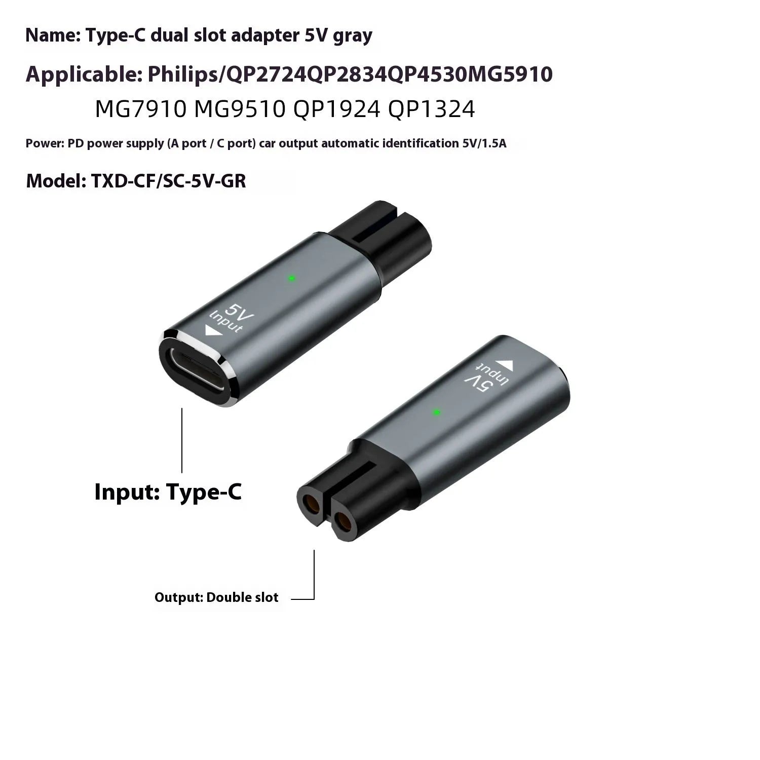 Black or grey USB-C charging adapter for electric shavers and hair clippers with aluminium alloy construction