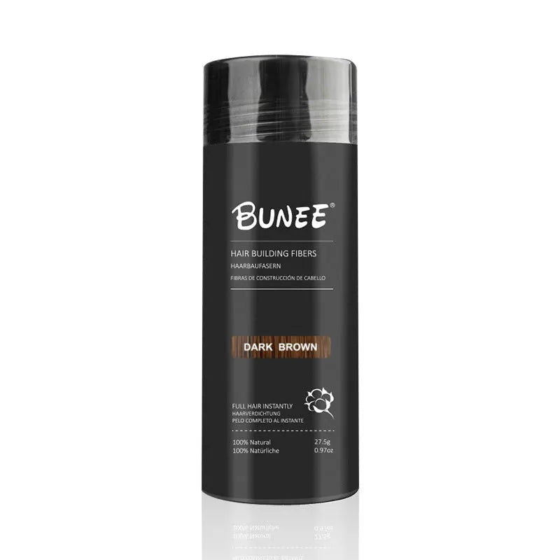 Boxed dense hair fibre powder three-piece set showing colour options for black, brown, blonde, grey, and white hair.