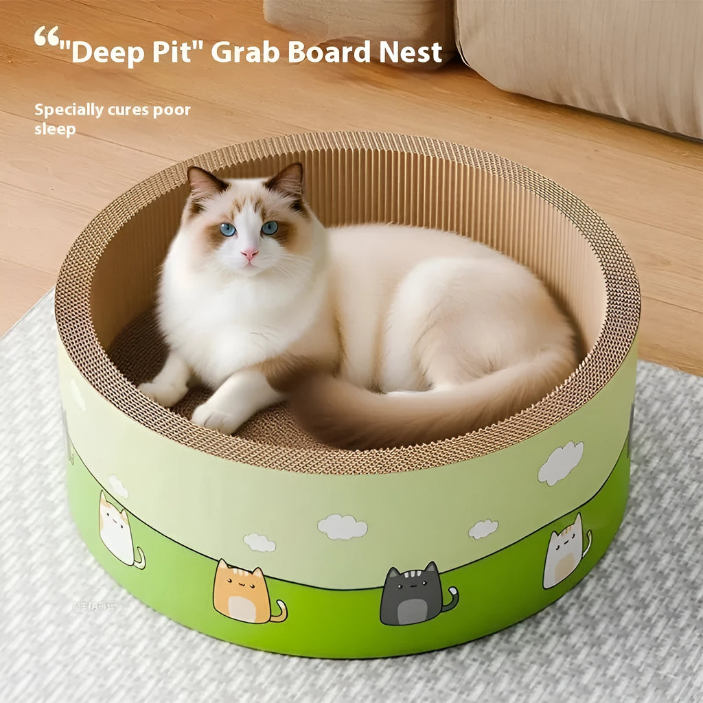 Round deep bowl cat scratch board made from corrugated paper, showing replaceable refill pads.
