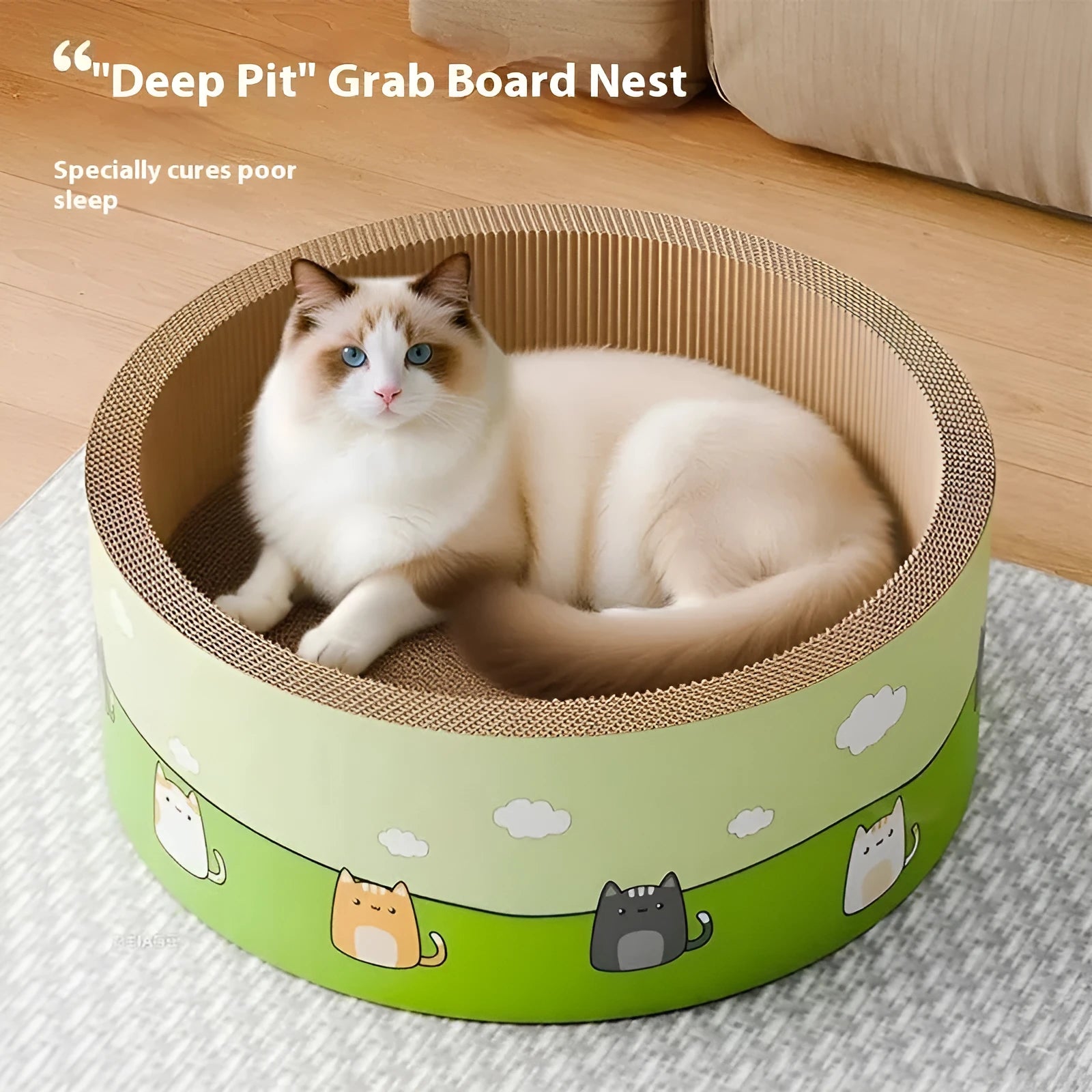 Round deep bowl cat scratch board made from corrugated paper, showing replaceable refill pads.