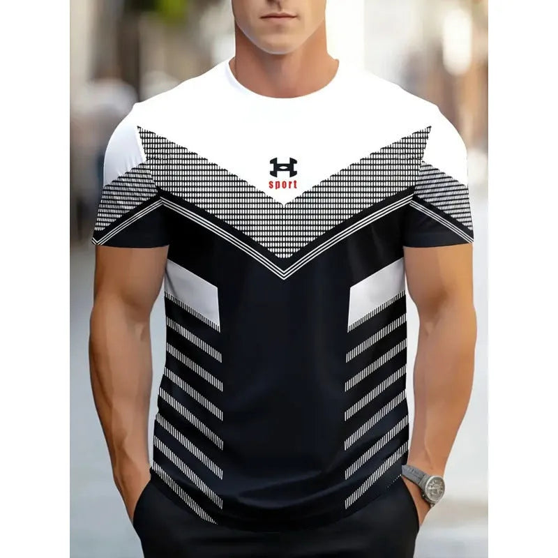 Men's loose fit casual t-shirt with 3D printed striped pattern on polyester fabric.