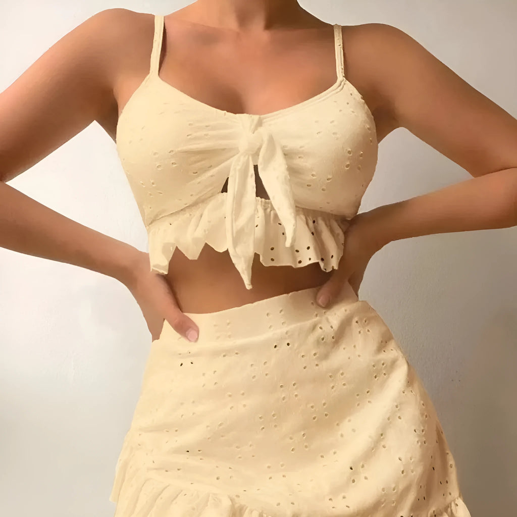 Women's three-piece bikini swimsuit with split hip skirt in solid colour options