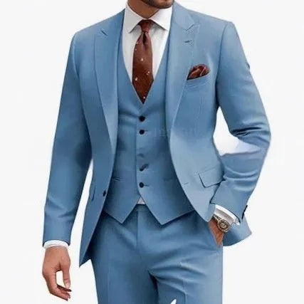 Men's three-piece slim fit suit in multiple colour options for business and wedding occasions