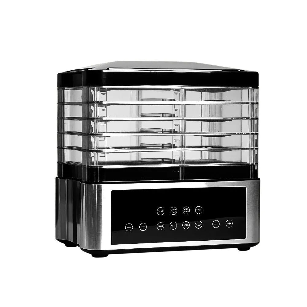 Silver stainless steel fruit dehydrator with 14-litre capacity and digital temperature display