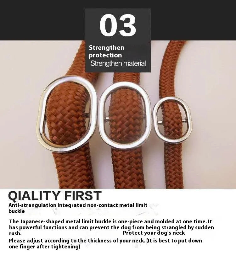 Brown nylon P-chain dog leash measuring 2.1 metres with hand holding rope