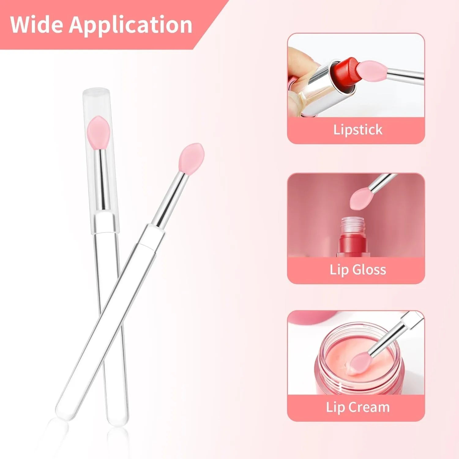 Set of reusable silicone lip brushes with protective caps in eight different colours.