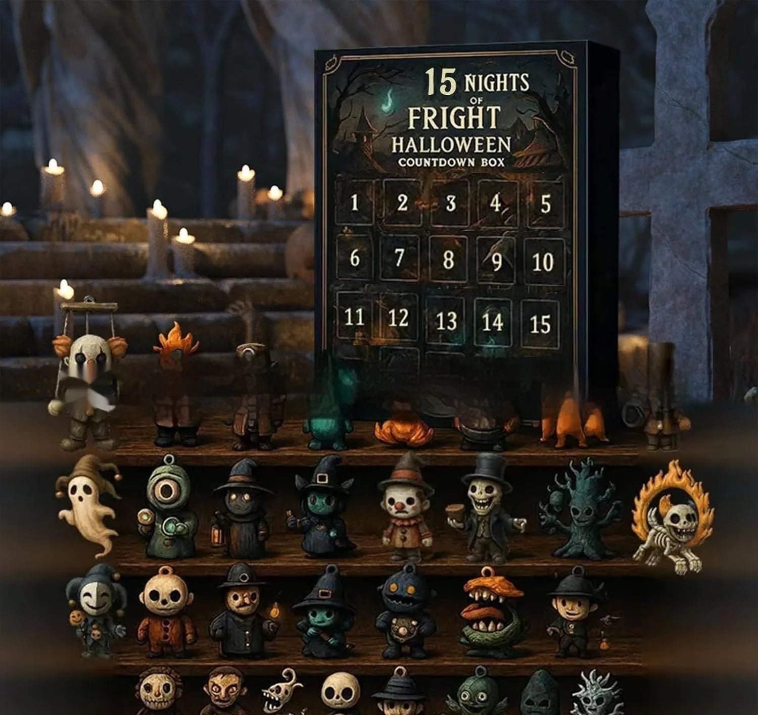 Halloween horror advent calendar countdown box with blind box packaging and resin scare doll.