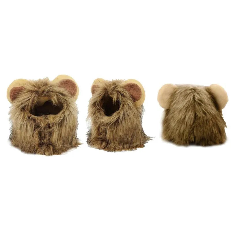 Lion mane wig for cat on head, showing plush artificial hair and adjustable elastic band.