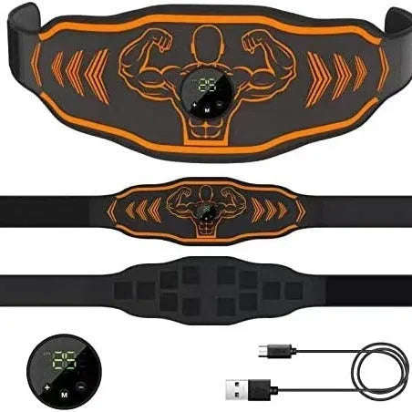 Smart EMS massage belt fitness equipment showing rechargeable host unit and adjustable belt