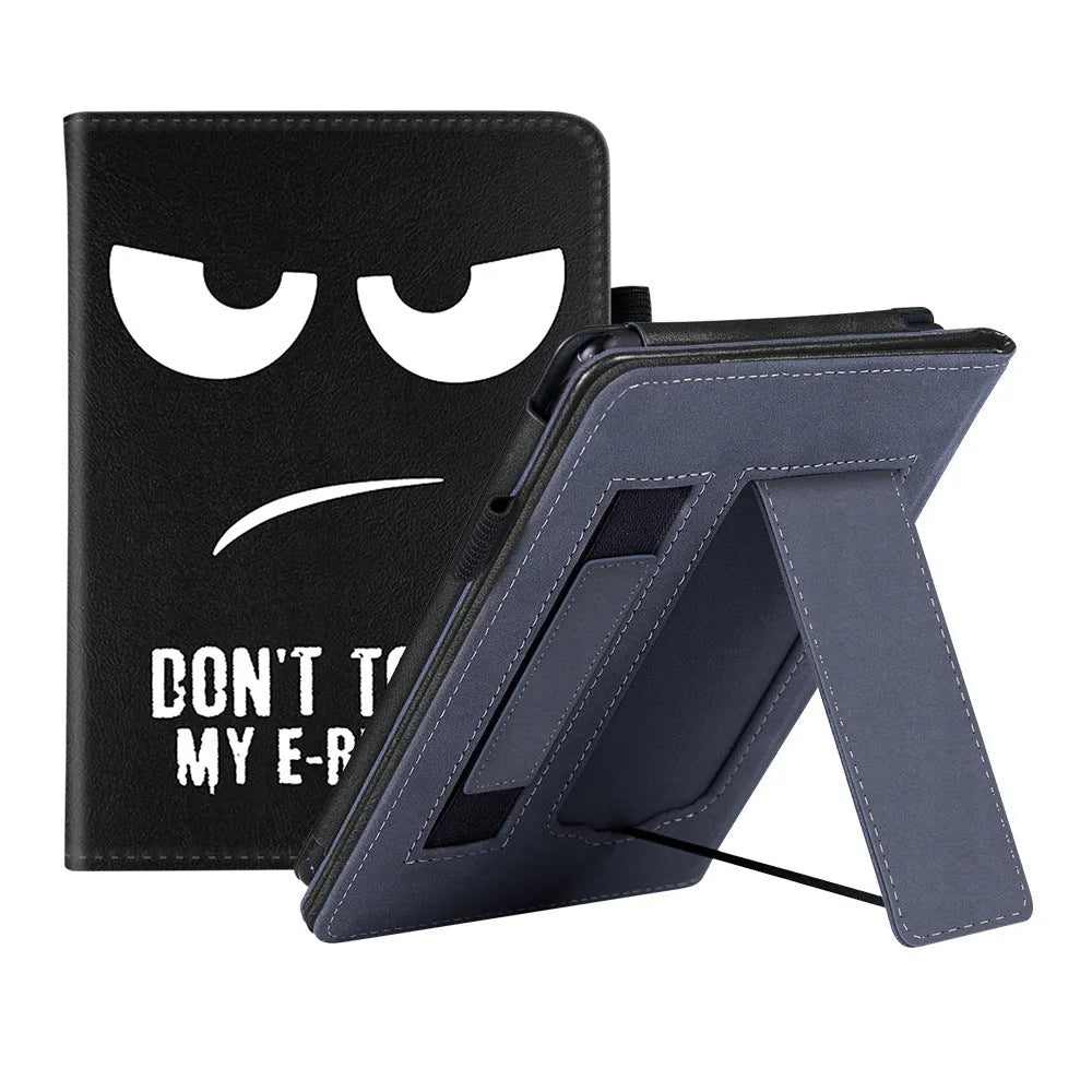 Kindle Paperwhite leather case with wrist splint bracket attached, showing calf leather exterior and microfiber interior