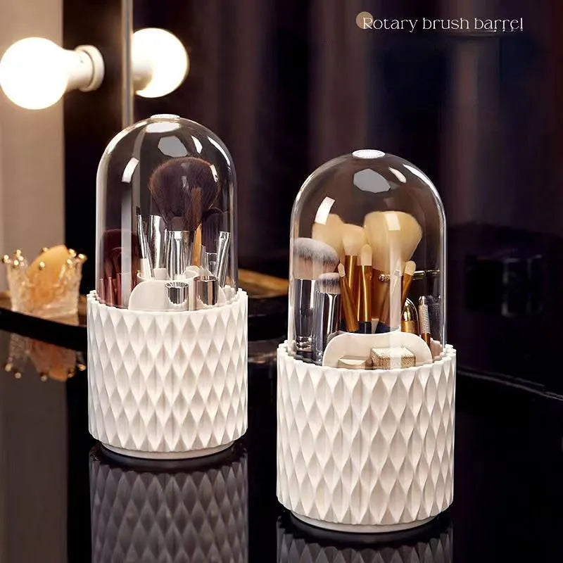 Transparent acrylic makeup brush storage box with rotating base and dustproof lid