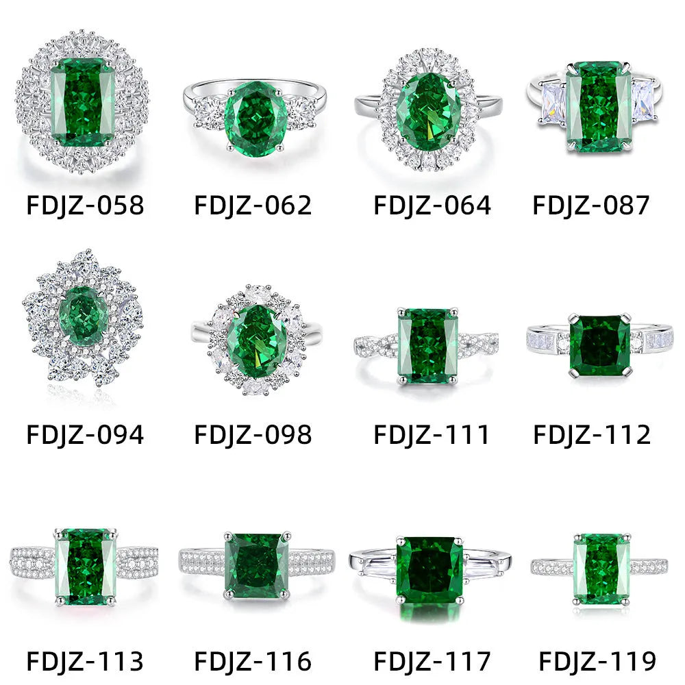 Geometric S925 sterling silver women's ring with an emerald stone and high carbon diamond inlay.