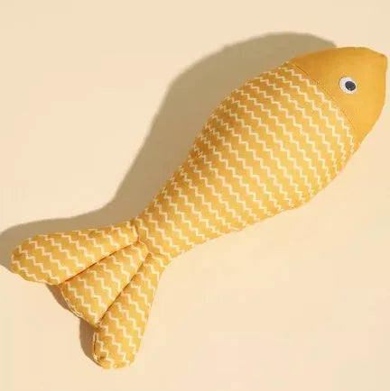 Blue, red, and yellow fish-shaped cat toys in large and medium sizes on a white background.