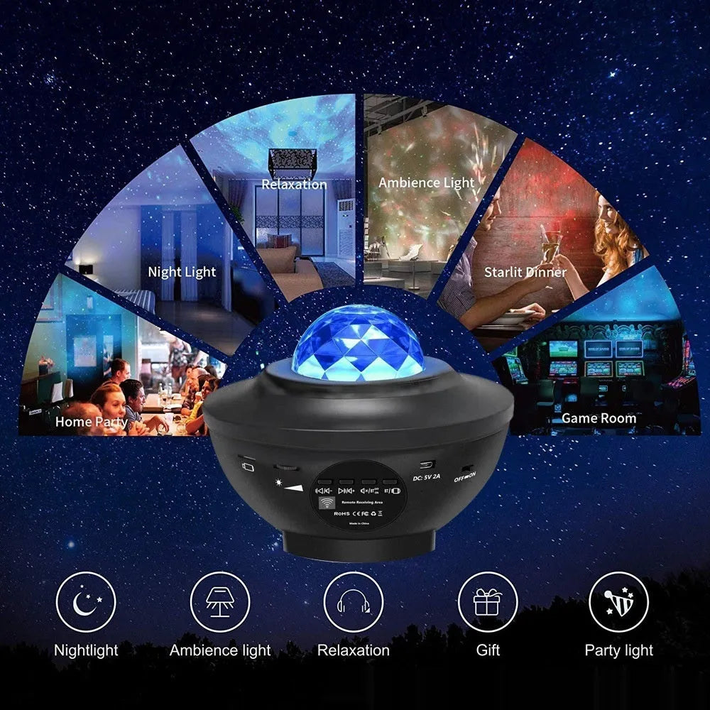 Black parallel starry sky projection lamp with water ripple laser effects and Bluetooth speaker