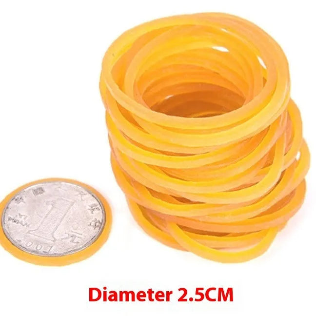 500g bulk pack of assorted yellow rubber bands showing different sizes from 25mm to 70mm diameter.