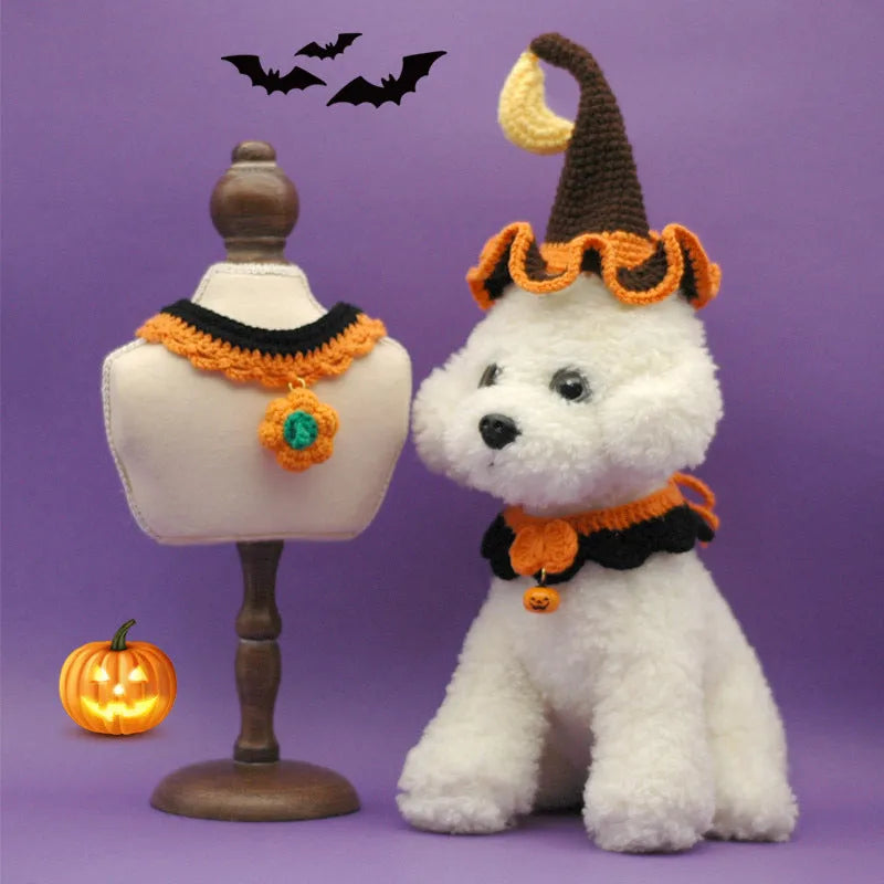 Hand-crocheted wool pet collar with pumpkin design in adjustable sizes for Halloween costumes