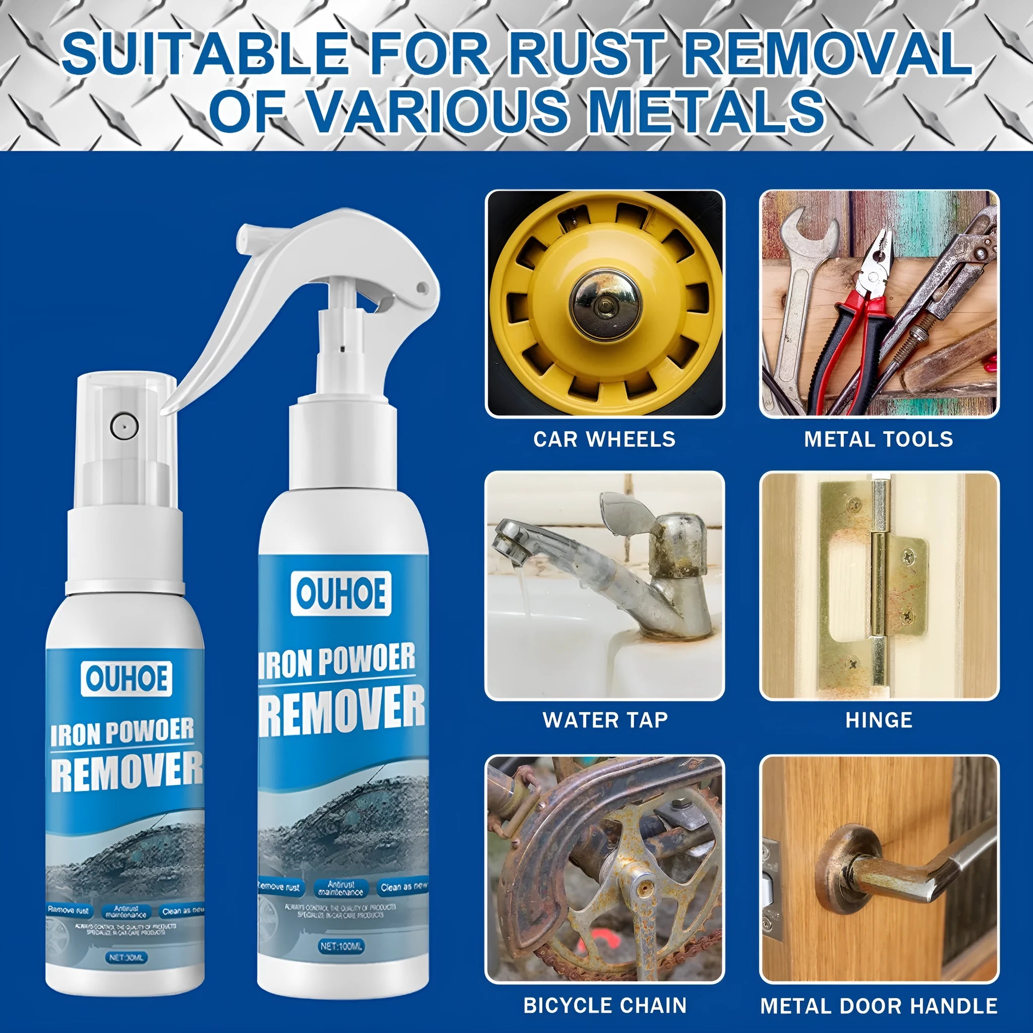 Car rust remover spray kit with blue sponge, towel, 30ml and 100ml bottles