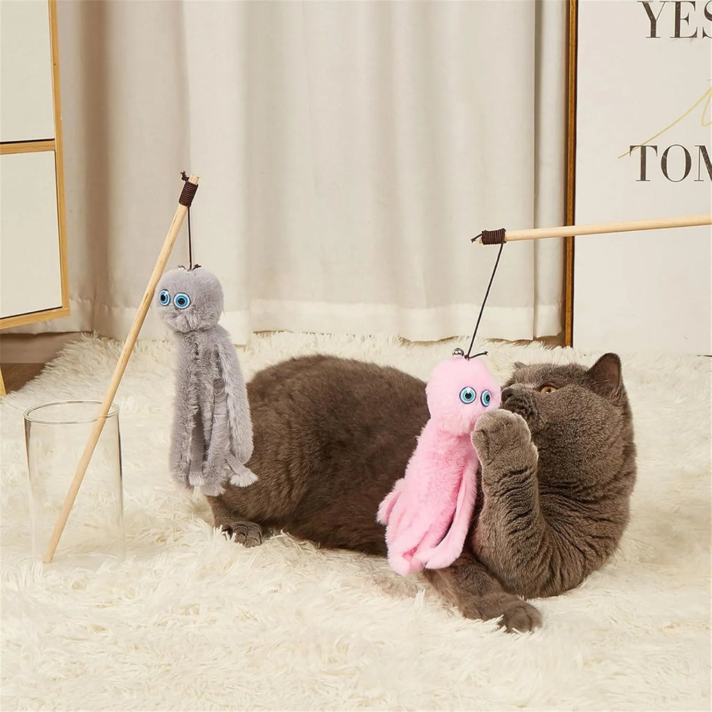 Furry octopus cat toy attached to long stick for interactive indoor play with kittens