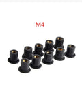 Black rubber expansion nut fasteners with brass inserts for motorcycle modifications in M4, M5, M6 sizes