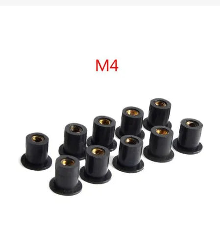 Black rubber expansion nut fasteners with brass inserts for motorcycle modifications in M4, M5, M6 sizes