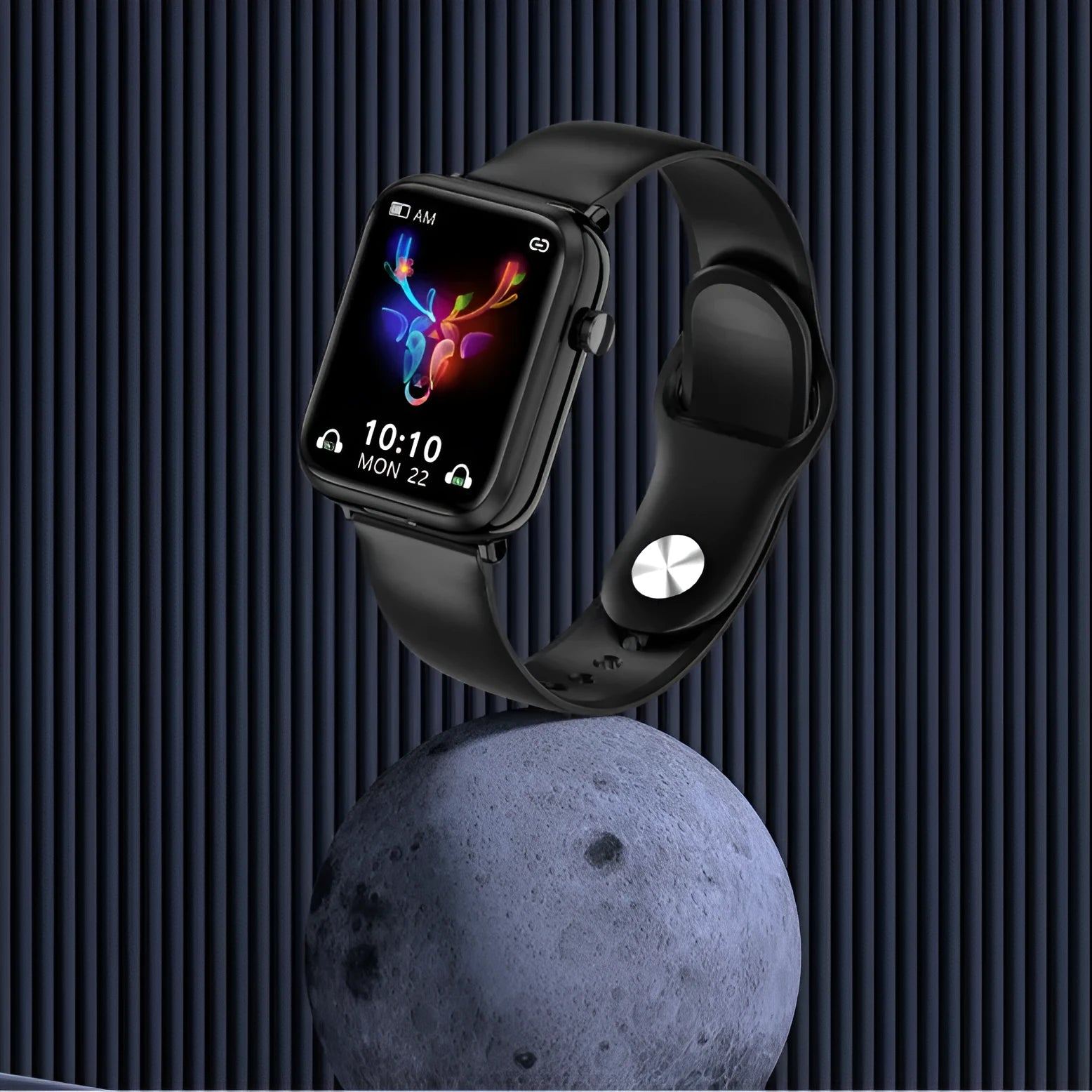 Black all-touch smartwatch with integrated Bluetooth earpieces, showing a 1.69-inch display on a zinc alloy body.