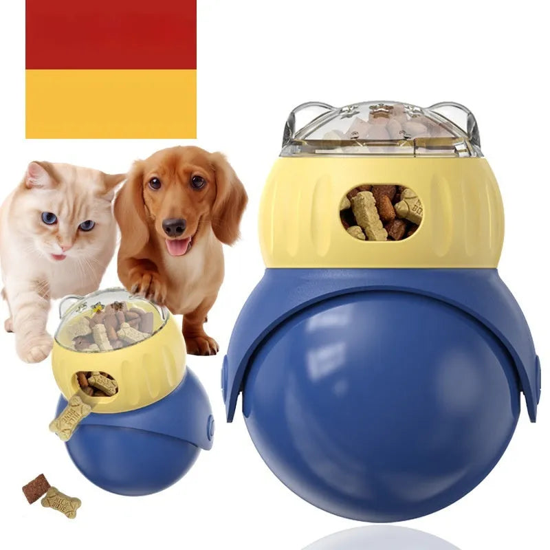 Owl-shaped plastic puzzle feeder for cats in Morandi yellow and blue colours